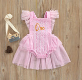 Girls First Birthday Lace “One” Romper - Pink.